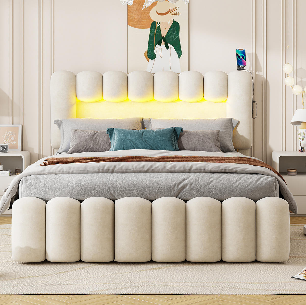 POLSTERBETT aus Samt 160x200 cm in Beige mit LED, USB, Lautsprechern & 4 Schubladen - Beige, Textil (160/200cm) - Modfu