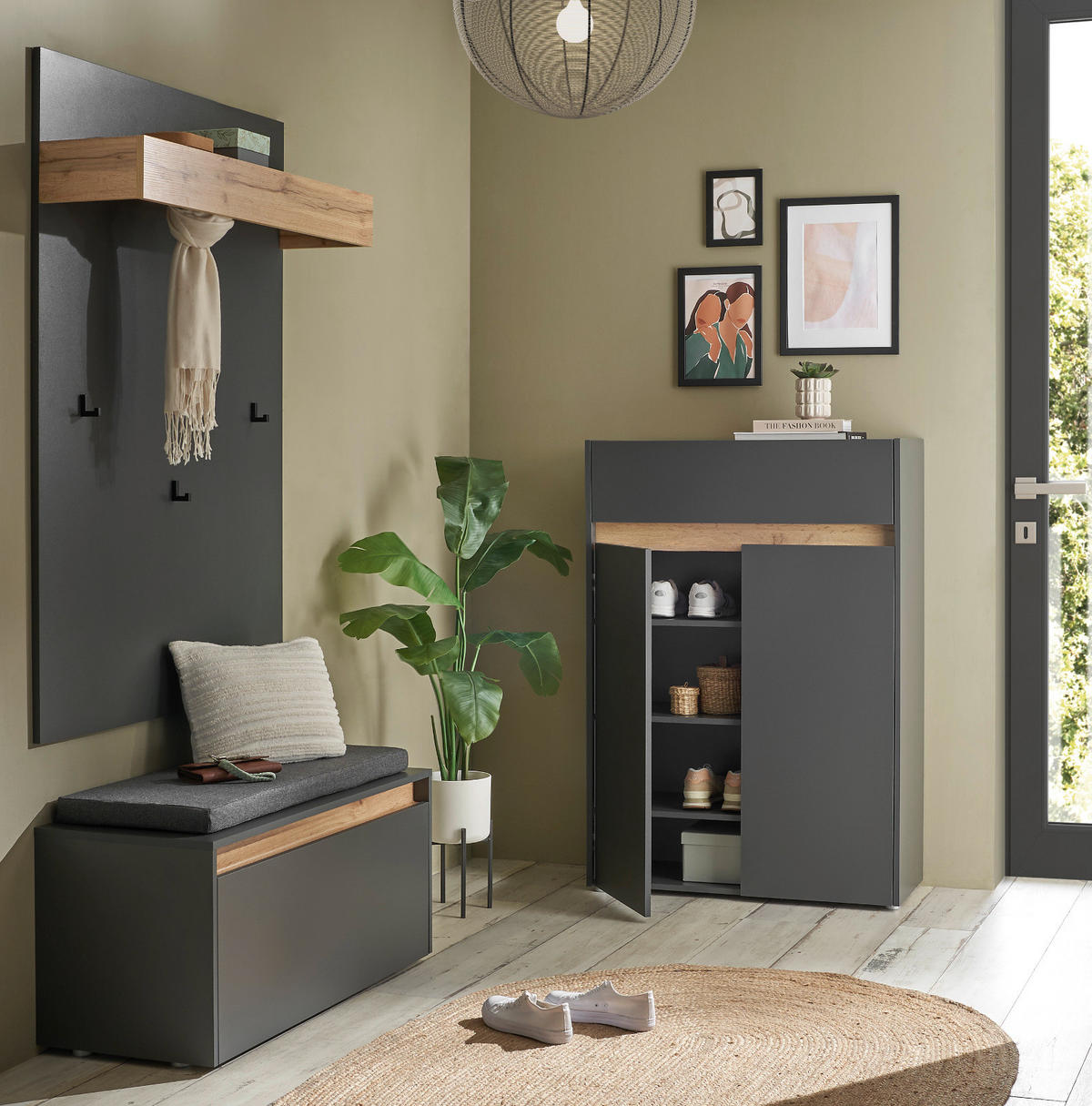 GARDEROBEN-SET grau matt, Eiche Wotan 4-teilig 195 cm, Sitzbank inklusive Sitzkissen - Eiche Wotan/Schwarz, Holzwerkstoff/Kunststoff (195/200/40cm) - Furn.Design