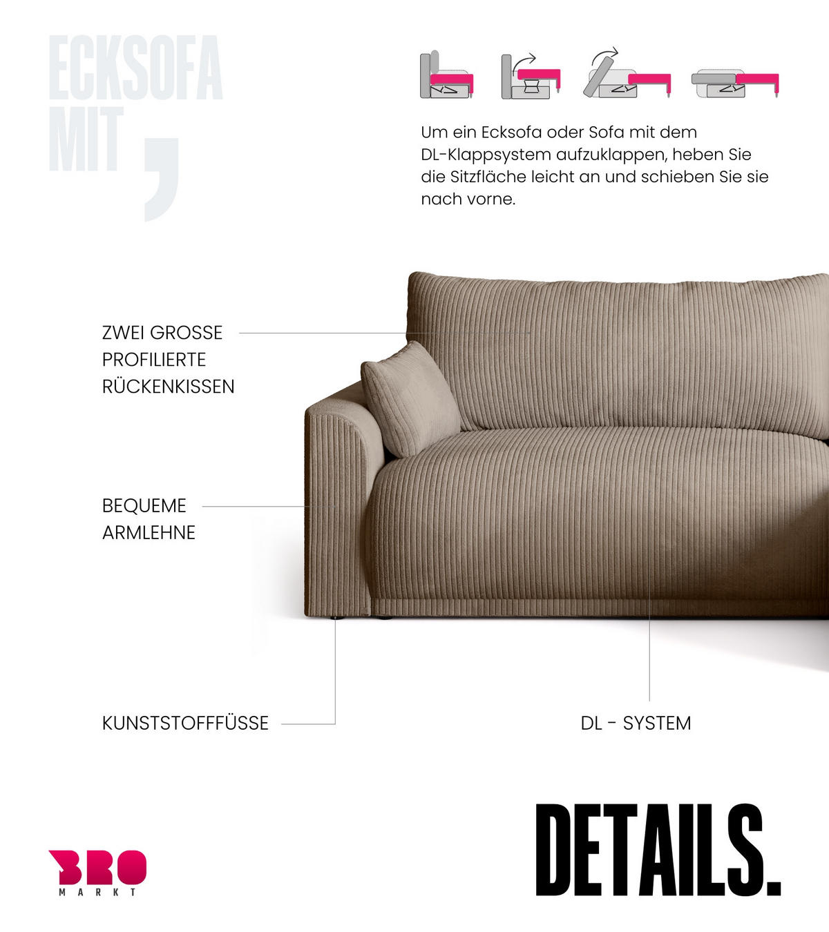 ECKSOFA MORENO mit Schlaffunktion Beige Cord - Beige, Textil (262/160cm) - Bromarkt