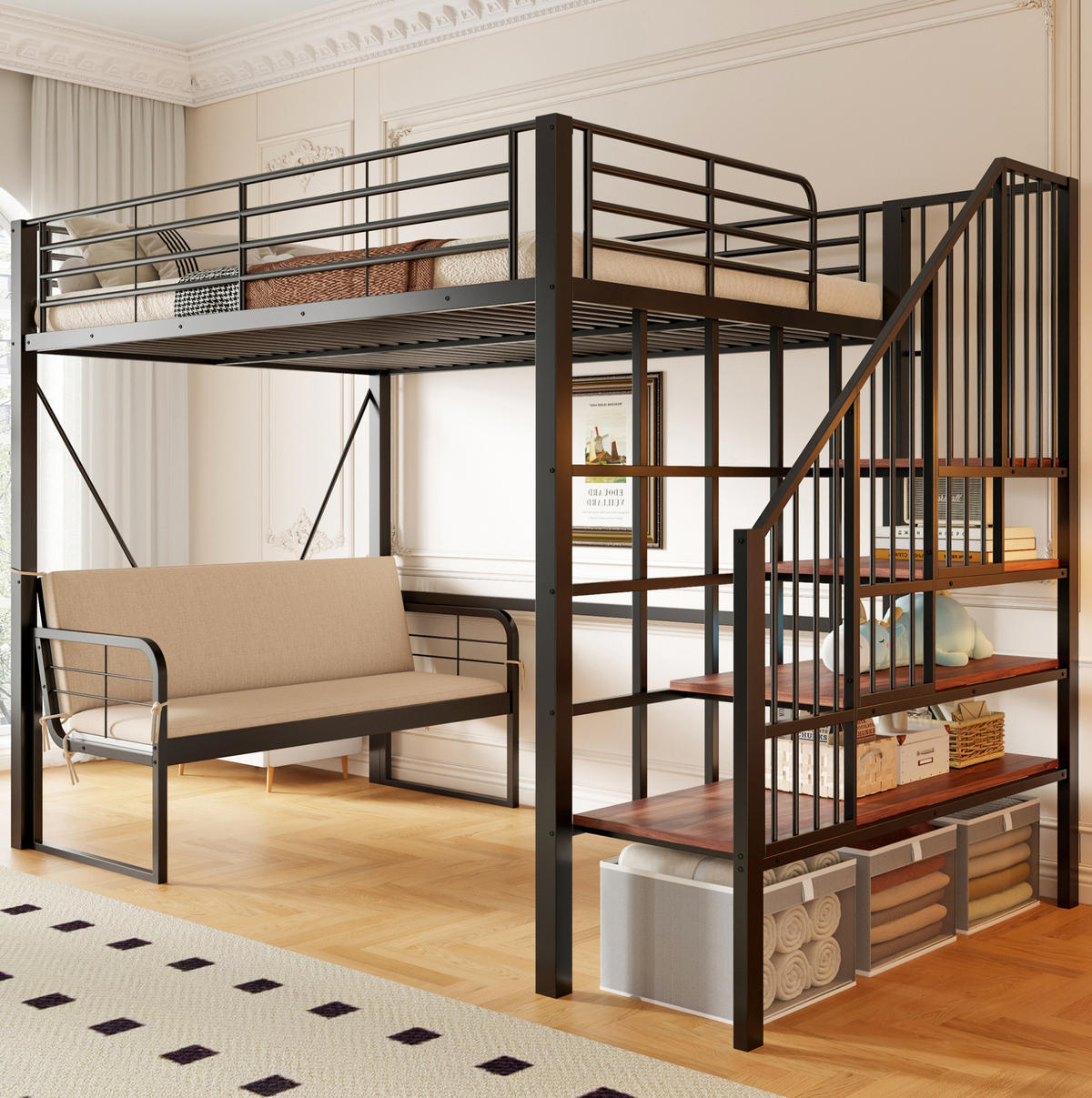ETAGENBETT 140/200 cm mit abnehmbarem Polstersofa, Stauraumtreppe und Metallrahmen, Schwarz - Schwarz, Holzwerkstoff (140/200cm) - Redom