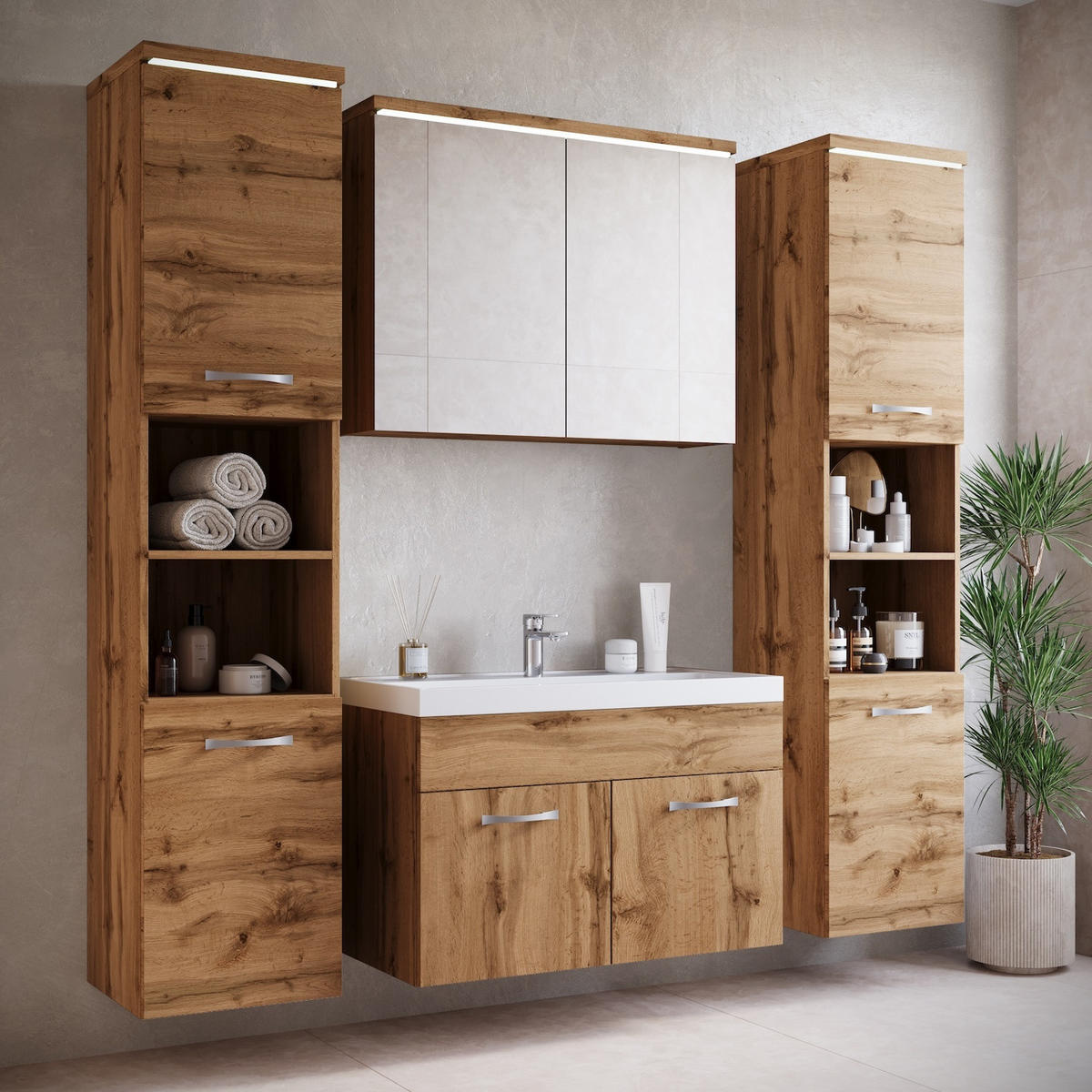 BADMÖBEL-SET Paso LED 5 Teile Eiche - 80 x 35 x 55 cm - Eichefarben, Holz (80/55/40cm) - Badplaats