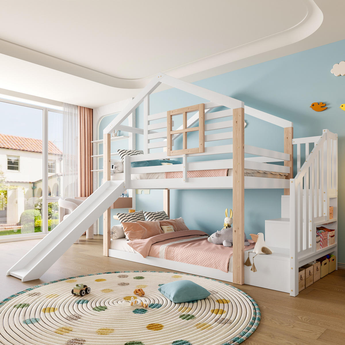 ETAGENBETT aus Holz 90x200 cm Weiß mit Rutsche, Treppe mit Stauraum und Haus-Design - Weiß, Holzwerkstoff (90/200cm) - Modfu