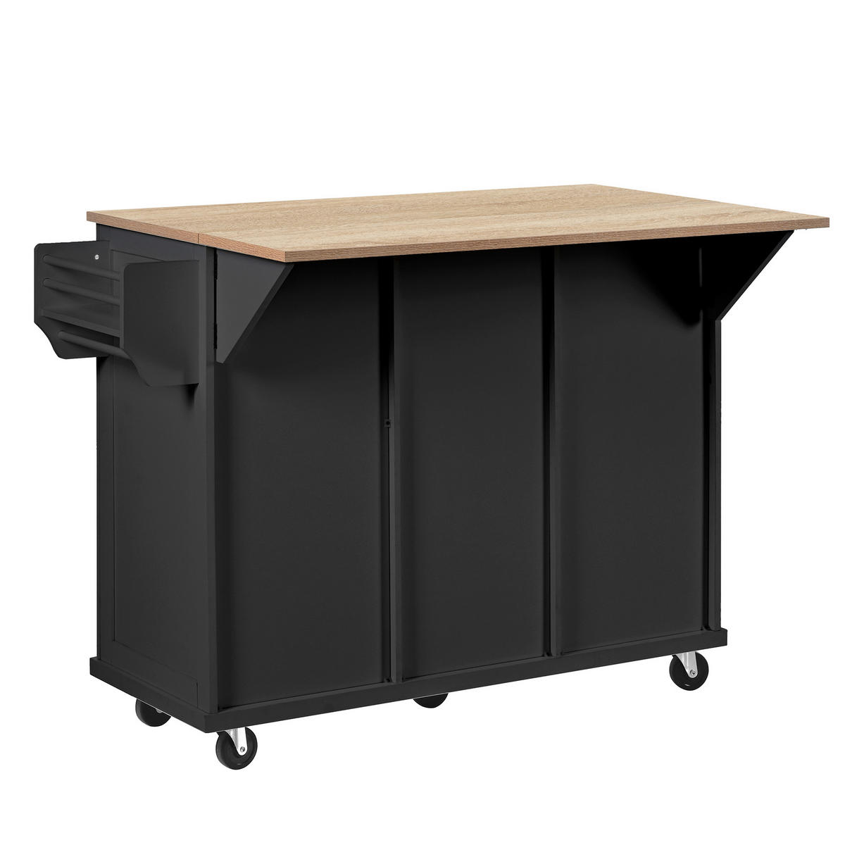 KÜCHENINSEL 112/46,2-76,2/92,7 cm aus MDF mit ausziehbarer Arbeitsplatte, Mülleimerfach und Rollen, Schwarz/Natur - Schwarz, Holzwerkstoff (112/92.7/76.2cm) - Redom