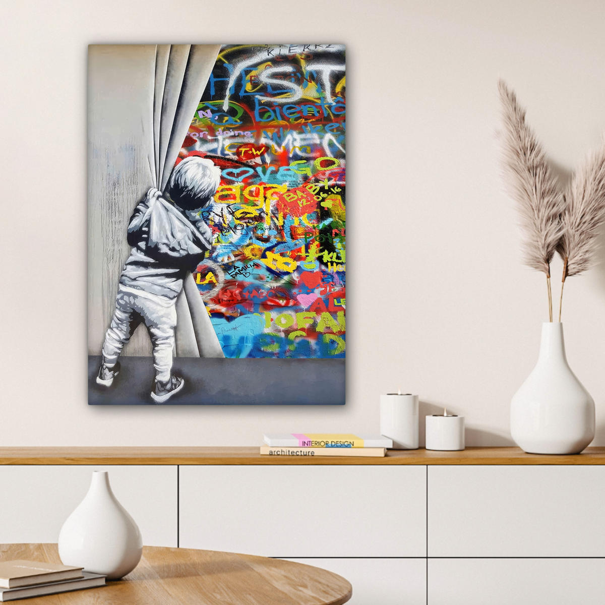 LEINWANDBILD Graffiti - Junge - Ilussie - Straßenkunst Wandbild Wohnzimmer 60x80 cm - Hellgrau, Textil (60/80cm) - MuchoWow