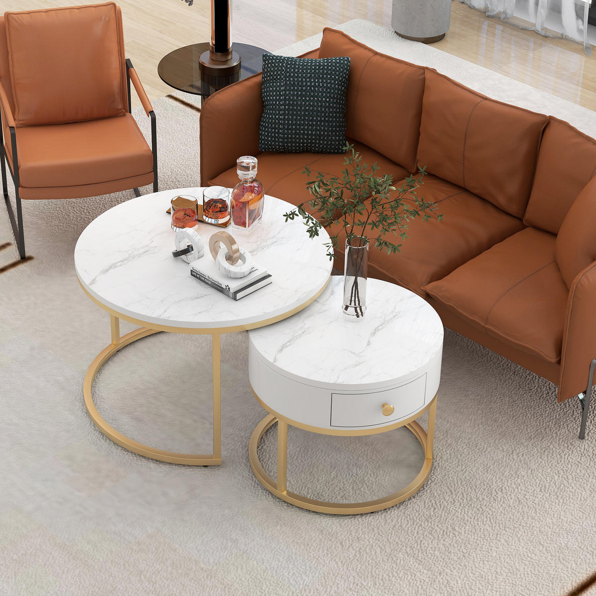 COUCHTISCH-SET 2-teilig 70/70/48 cm Weiß Hochglanz mit Marmormuster Nesting-Design - Weiß, Holzwerkstoff (70/70/48cm) - OKWISH