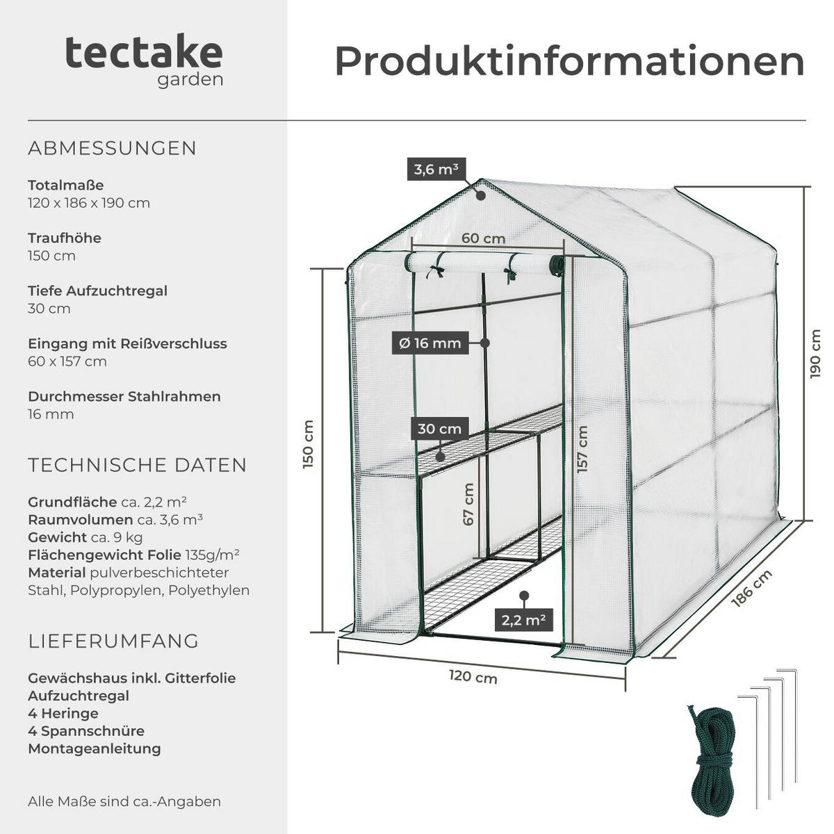 FOLIENGEWÄCHSHAUS Andrea,inklusive Spannseile und Heringe, 186 x 120 x 190 cm,weiß - Weiß, Kunststoff (120/190/186cm) - tectake