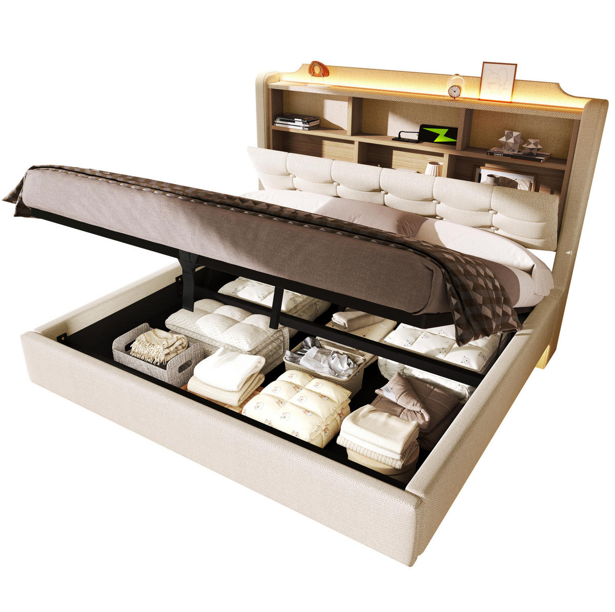 POLSTERBETT aus Leinen und MDF 140x200 cm Beige mit LED-Beleuchtung, Stauraum und USB-/Typ-C-Anschlüssen - Beige, Textil (140/200cm) - IVMEU