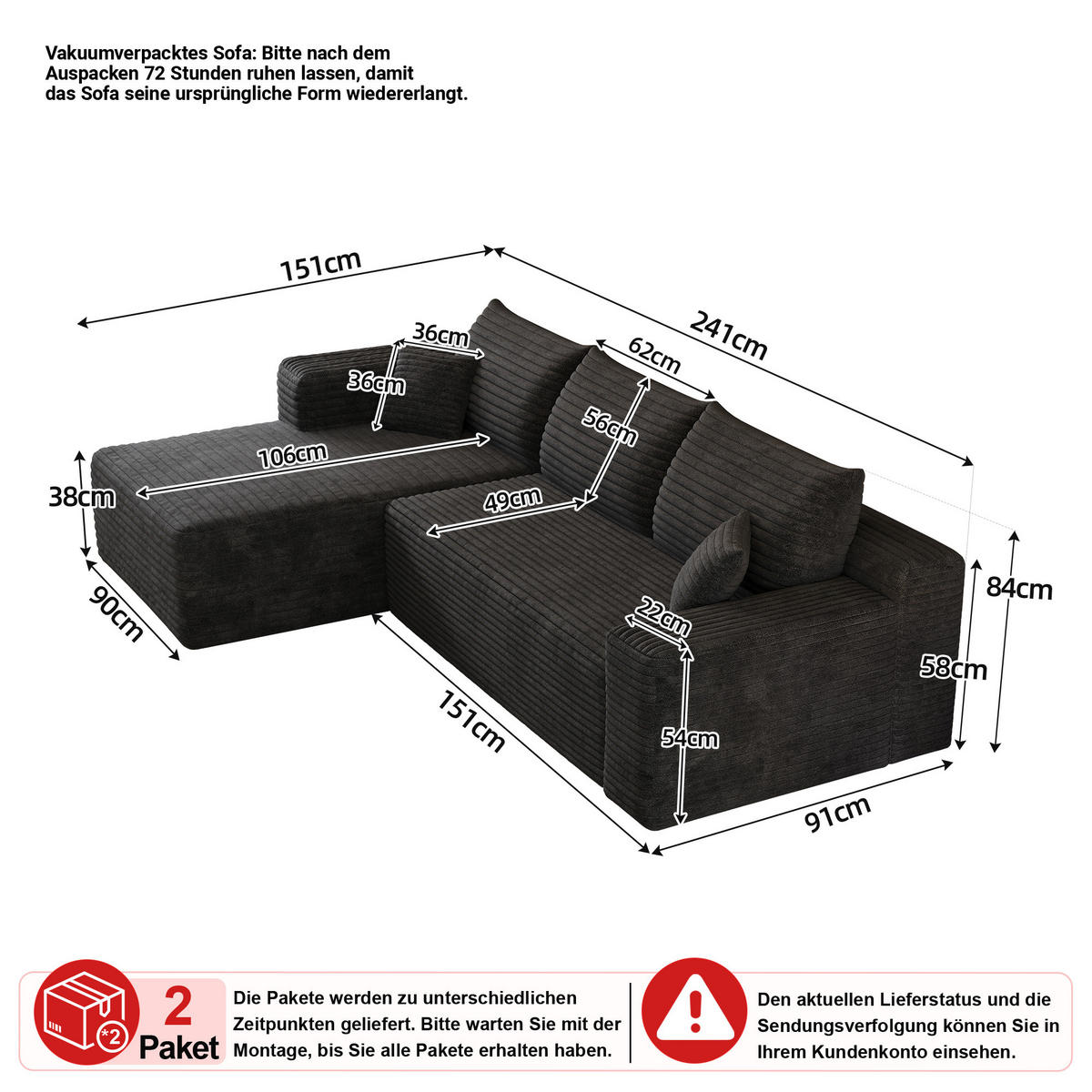 ECKSOFA Cord Schwarz - Schwarz, Textil (241/151cm) - WISHDOR
