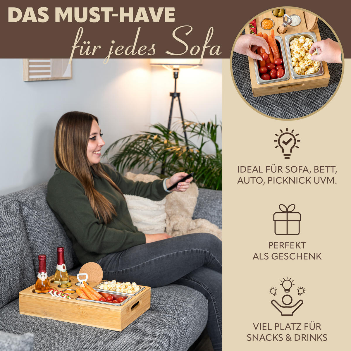 COUCHBAR mit abnehmbarem Deckel, Bambus - Naturfarben, Holz (26/8/40cm) - eluno