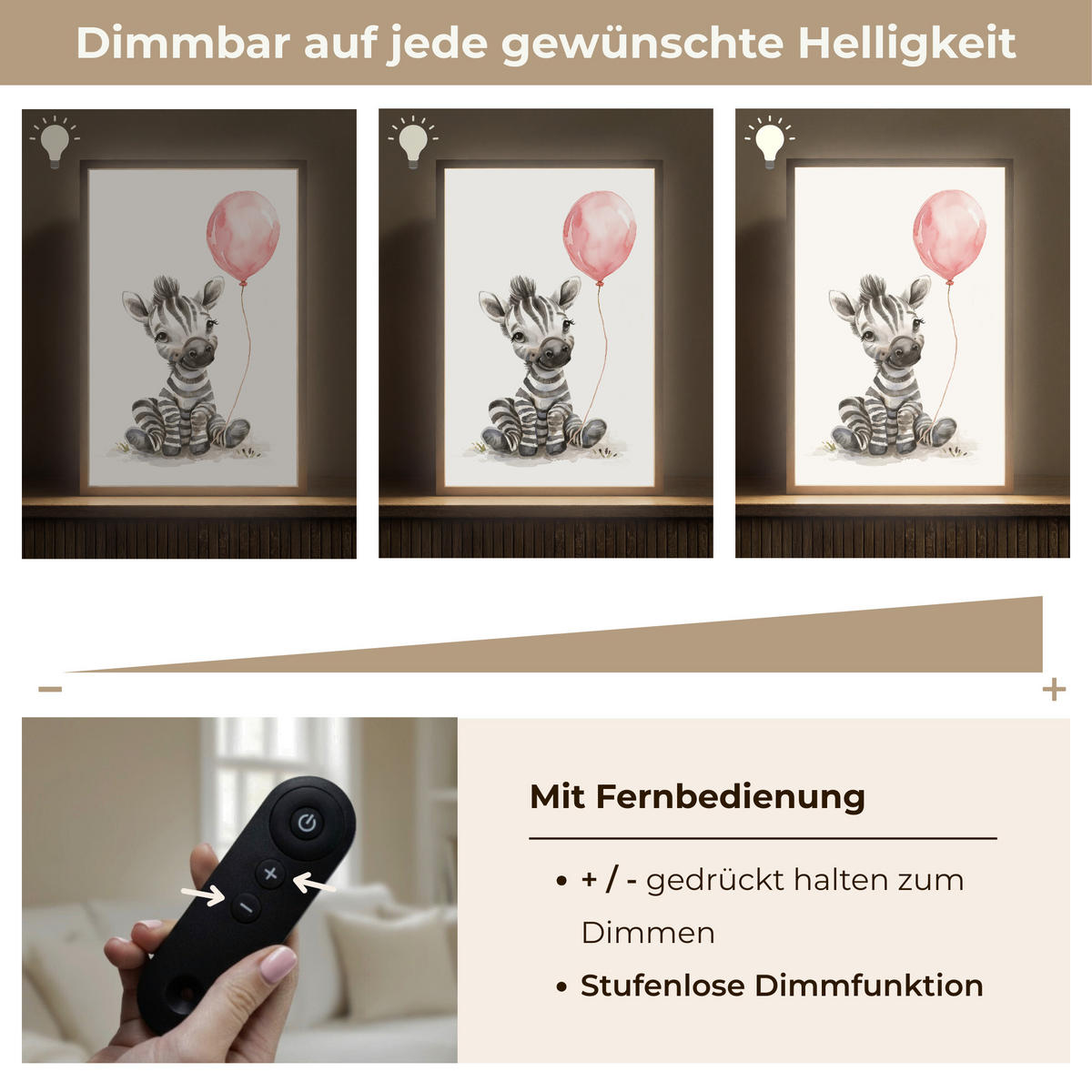 WANDLEUCHTE MIT AKKU Zebra - Baby - Tiere - Rosa Luftballon 40x60 cm - Weiß, Holzwerkstoff (40/60/8cm) - OnlyWow