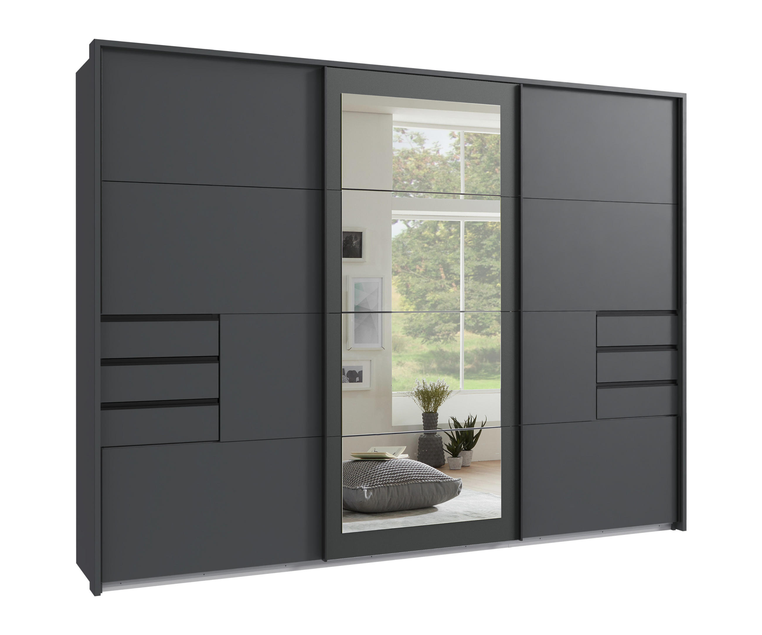 SCHWEBETÜRENSCHRANK 3-türig mit Passepartout, Spiegel, Schubladen, Vollausstattung in Grafit, B273/H213/64 cm / 22504 - Schwarz/Graphitfarben, Holzwerkstoff/Metall (273/213/64cm) - luma-home