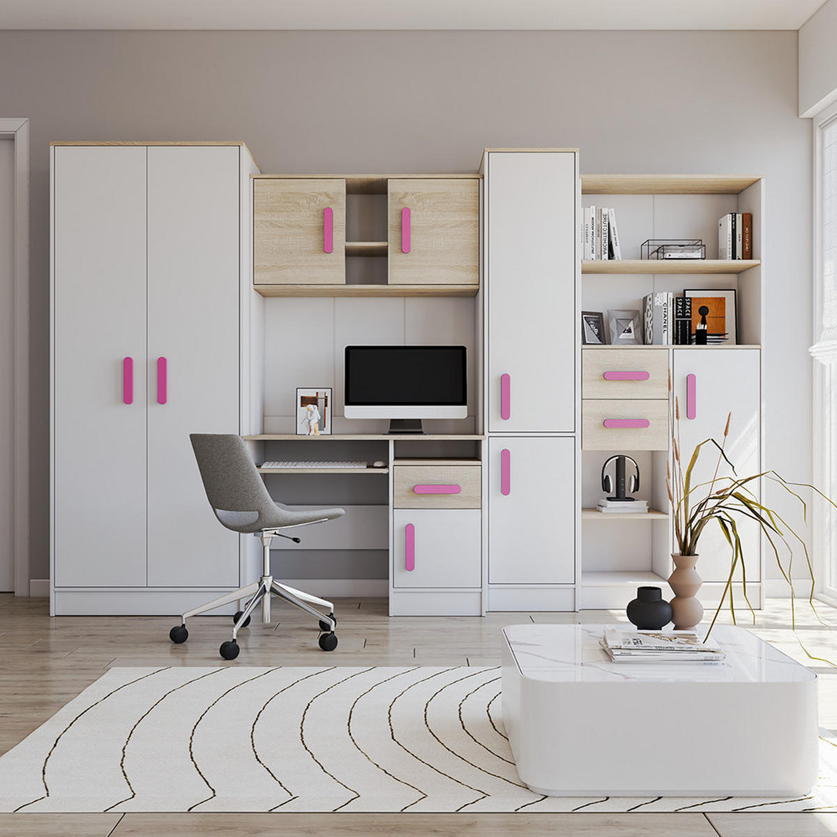 WOHNWAND Markus Weiß Sonoma Eiche mit griffenfarbe: Rosa - Weiß/Rosa, Holzwerkstoff (300/197/52cm) - imoebel24