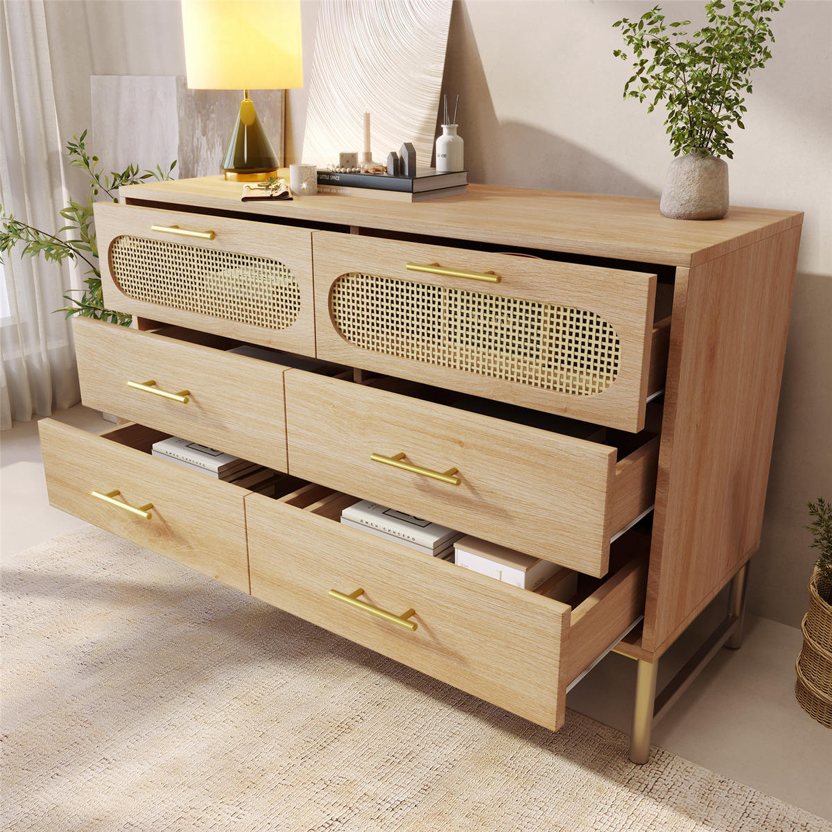 KOMMODE Eiche 120x74x40 cm Rattan 6 Schubladen - Naturfarben, Holz (40/74/120cm) - Kaket