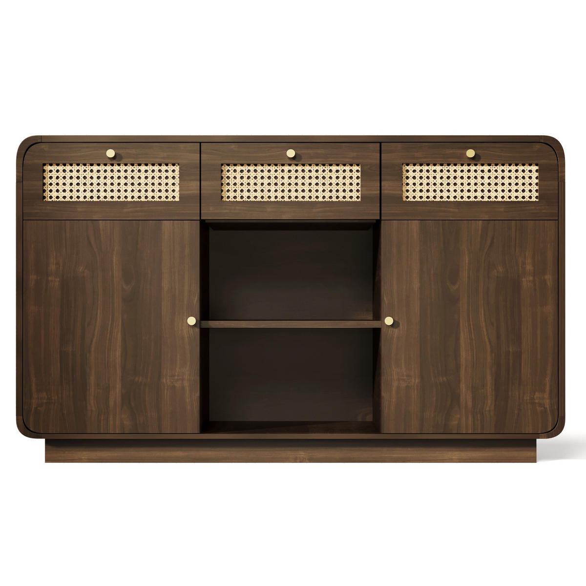 SIDEBOARD in Nussbaum mit Rattanfronten, 3 Schubladen und 2 Türen, Goldgriffe, 120/40/85 cm, Nussbaum - Walnussfarben, Holzwerkstoff (120/85/40cm) - Redom
