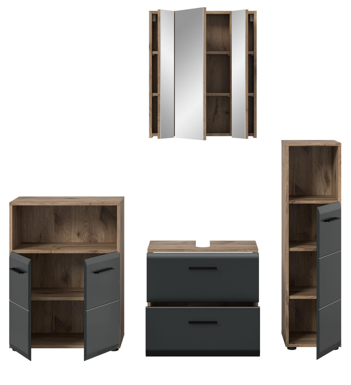 BADMÖBEL-SET 4-teilig in schwarz matt und Eiche Badezimmer mit viel Stauraum, 180 x 185 cm - Eichefarben/Schwarz, Glas/Holzwerkstoff (180/185/30cm) - Inn.Furn