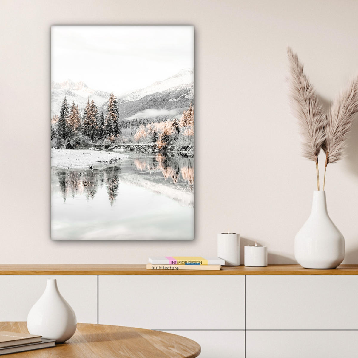 LEINWANDBILD Natur - Winter - Bäume - Berge - Schnee Wanddeko 40x60 cm - Weiß Hochglanz, Textil (40/60cm) - MuchoWow