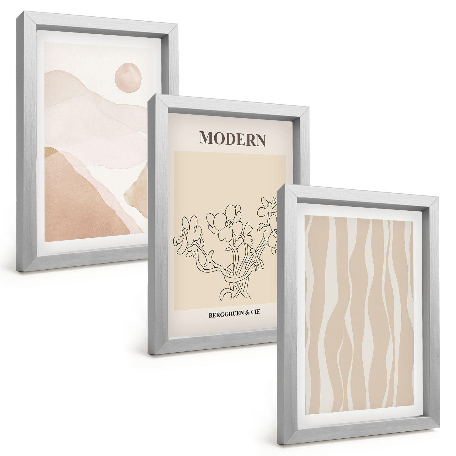 BILDER SET 3er Set - 20x30 cm Silberner Rahmen - Abstrakte Formen und Farben - Silberfarben, Kunststoff (20/30cm) - TULUP
