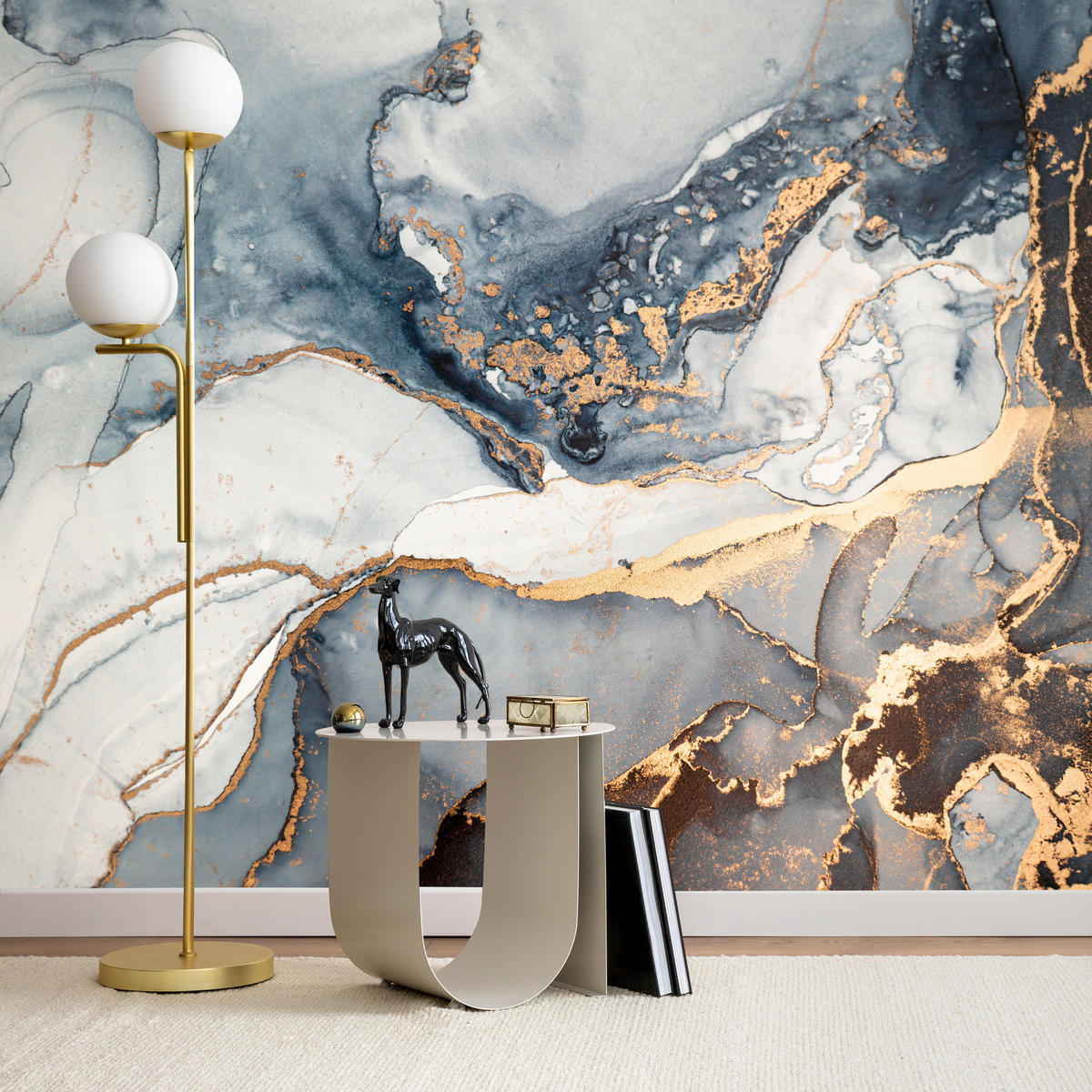 FOTOTAPETA Pre Obývaciu Izbu Mramor Modrá Moderná Zlaté Akcenty Elegantná 150 x 105 cm - žltá/sivá, papier (150/105cm) - Muralo