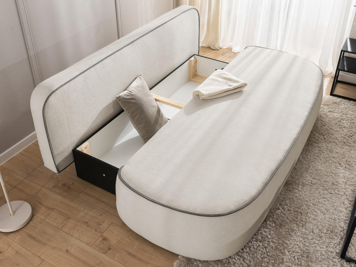 SCHLAFSOFA Vero im modernen und abgerundeten Design mit Bettkasten aus Hellgrau Plüschstoff mit graphiter Paspel - Hellgrau/Schwarz, Holz/Kunststoff (210/90/98cm) - S-Style Möbel