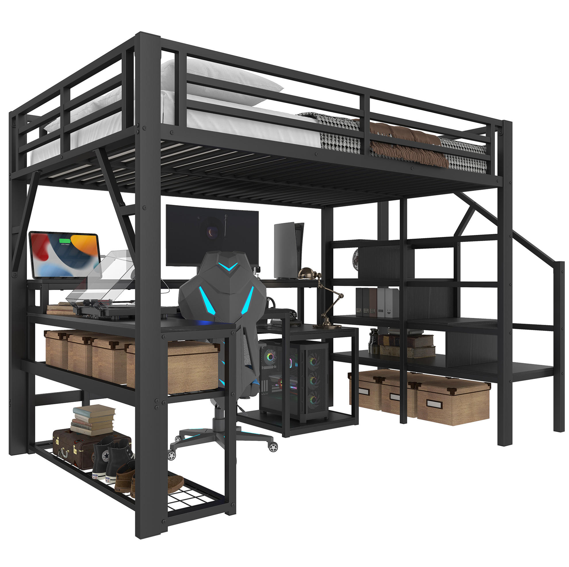 HOCHBETT 140/200 cm, Eisenrahmen, LED, USB mit Schreibtisch - Schwarz, Metall (140/200cm) - MIVRAY
