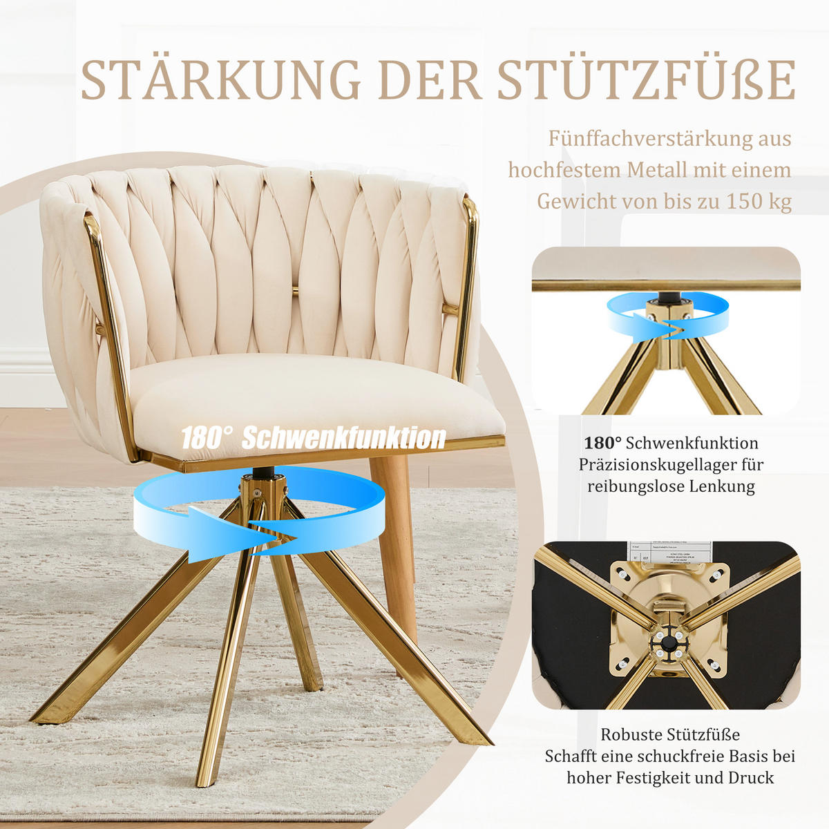 ARMLEHNSTUHL(SET à 2 Stück) mit Metallgestell - ergonomische Rückenlehne und 180° Schwenkfunktion - Elfenbein - Beige, Textil/Metall (50/70/56cm) - KOMHTOM