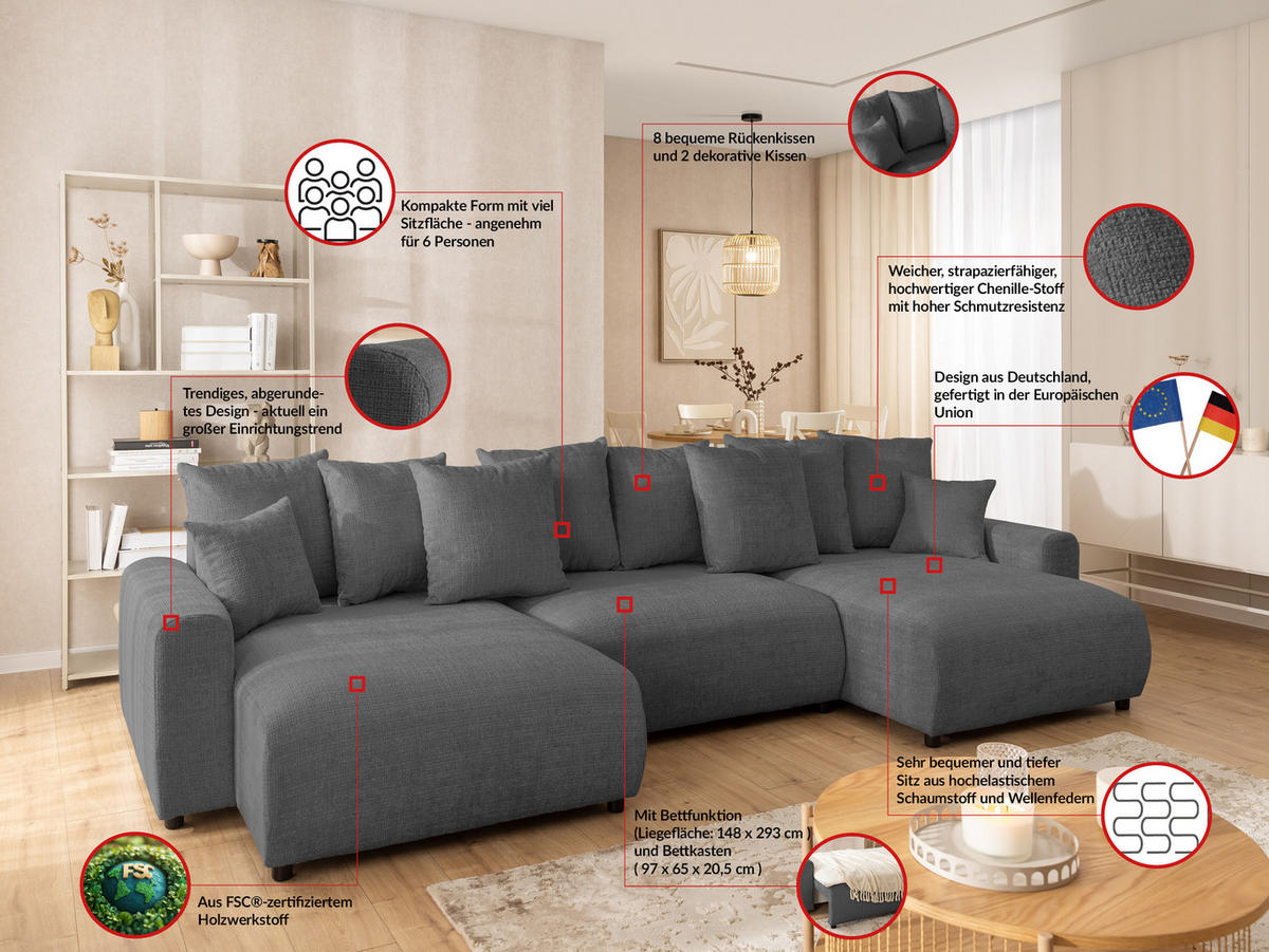 WOHNLANDSCHAFT Calma mit Schlaffunktion und Bettkasten im Bumpy-Design aus weichem Grau Chenille-Stoff - Schwarz/Grau, Holz/Kunststoff (336/88/140cm) - S-Style Möbel