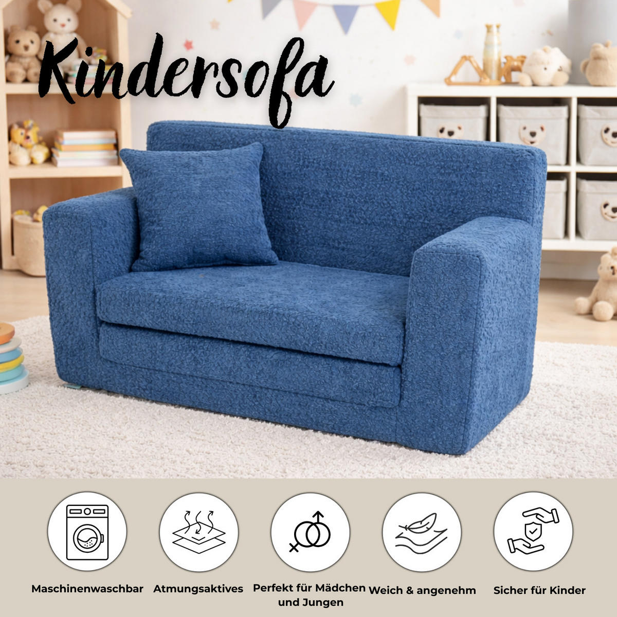 KINDERSOFA David – Stilvoller Komfort für das Kinderzimmer - In den Trendfarben - Blau, Textil (83/47/43cm) - Fortisline