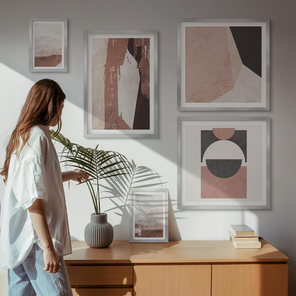 BILDER SET 5er Set - 50x50 cm & 20x30 cm & 40x60 cm Silberner Rahmen - Abstrakte braune Muster - Silberfarben, Kunststoff (40/60cm) - TULUP