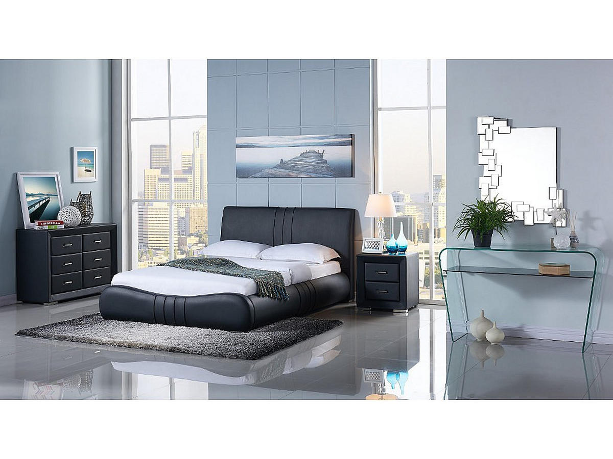 NACHTTISCH mit 2 Schubladen - Kunstleder - Schwarz - CAPITOLE - Schwarz, Leder (51.5/54.5/43cm) - Vente-Unique