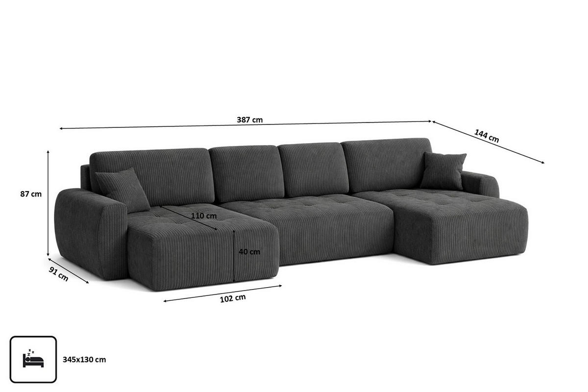 ECKSOFA Mit Schlaffunktion Und Bettkasten U-Form Ivo U XL, Cordstoff Poso, Grau - Grau, Holz (387/144cm) - Kaiser Möbel