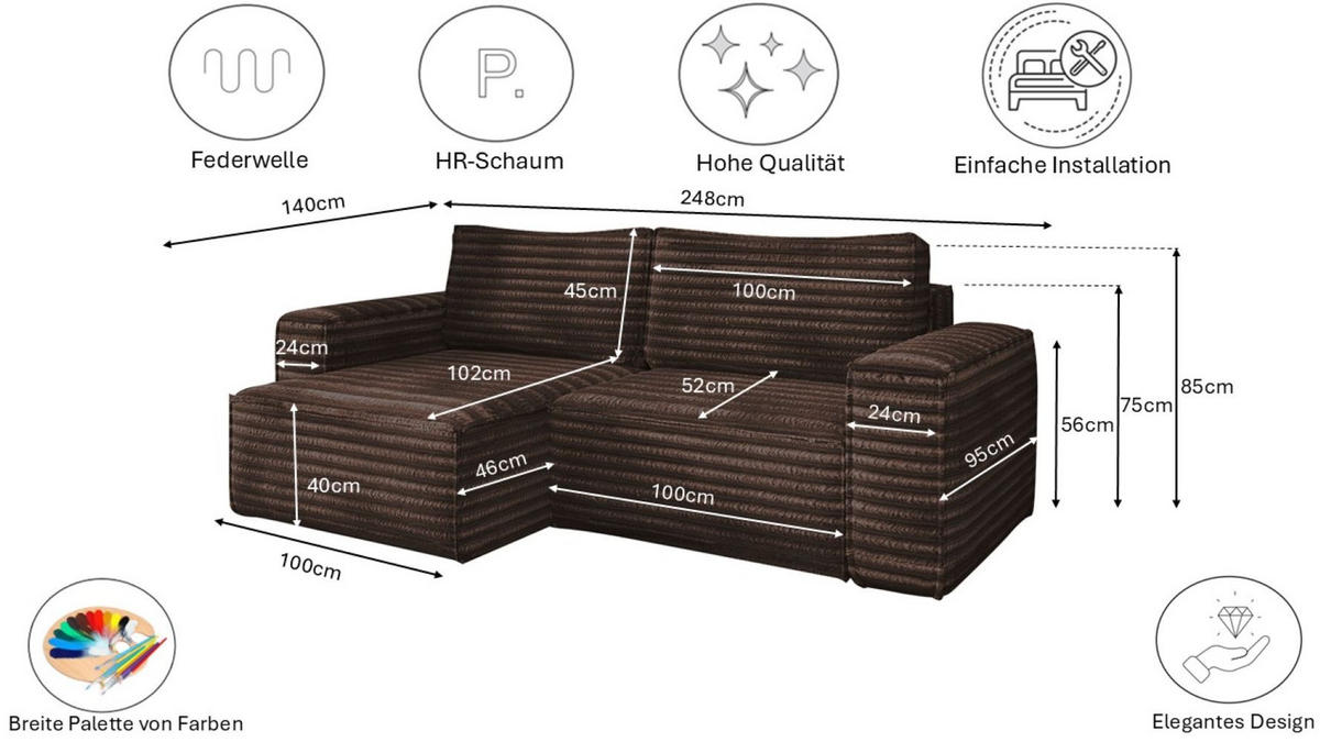 ECKSCHLAFSOFA Bohoo-Ecksofa mit Schlaffunktion stoff Velo Braun Rechts - Braun, Holz/Textil (248/140cm) - Kaiser Möbel
