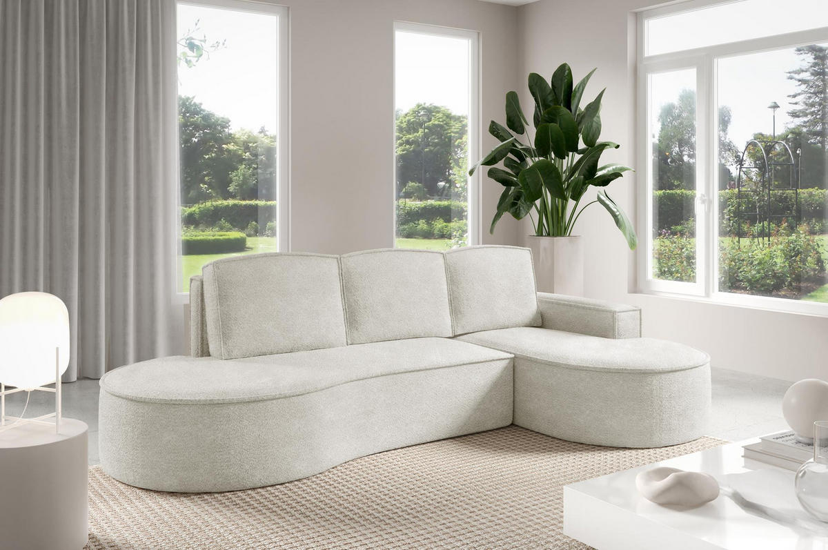 ECKSOFA Flow Weiß, mit Schlaffunktion und Kissen in Abriamo Stoff, rechte seite - Weiß, Holzwerkstoff/Textil (277/157cm) - Bettso