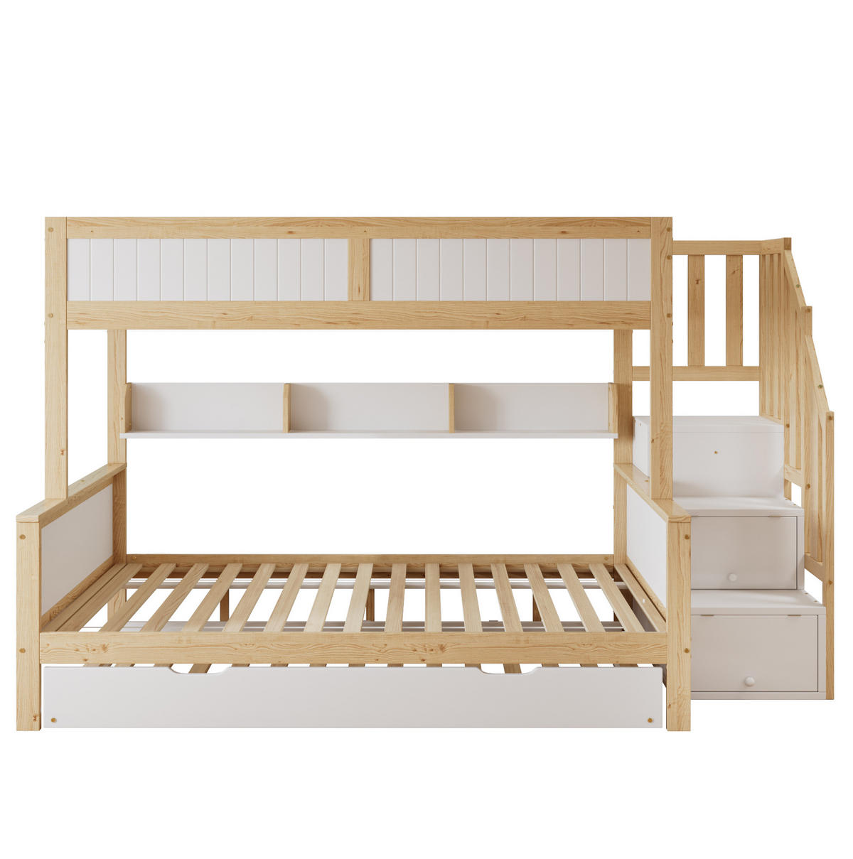ETAGENBETT aus Kiefer und MDF 90x200/120x200 cm Weiß/Natur mit Rollbett, Stauraumtreppe und Kleiderschrank - Weiß, Holzwerkstoff (90/200cm) - Modfu