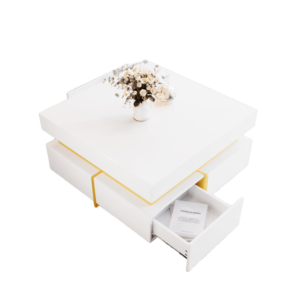 COUCHTISCH 70/35,5 cm Hochglanz mit goldenen Akzenten und 2 Schubladen - Weiß, Holzwerkstoff (70/70/35.5cm) - OKWISH