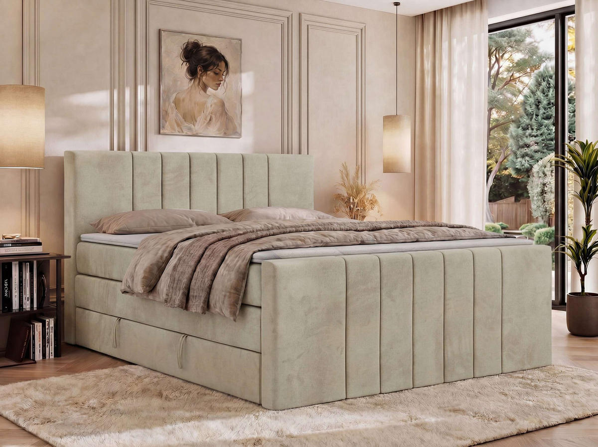 BOXSPRINGBETT INERO DUO KING 180/200 - Beige Velvet - Topper T25 - H3 - Beige/Schwarz, Kunststoff/Textil (180/200cm) - MKS