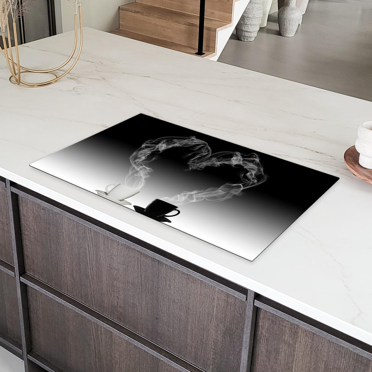 HERDABDECKPLATTE Kaffee - Herz - Schwarz und weiß - Tassen 90x52 cm - Weiß, Kunststoff (90/52/0.2cm) - MuchoWow