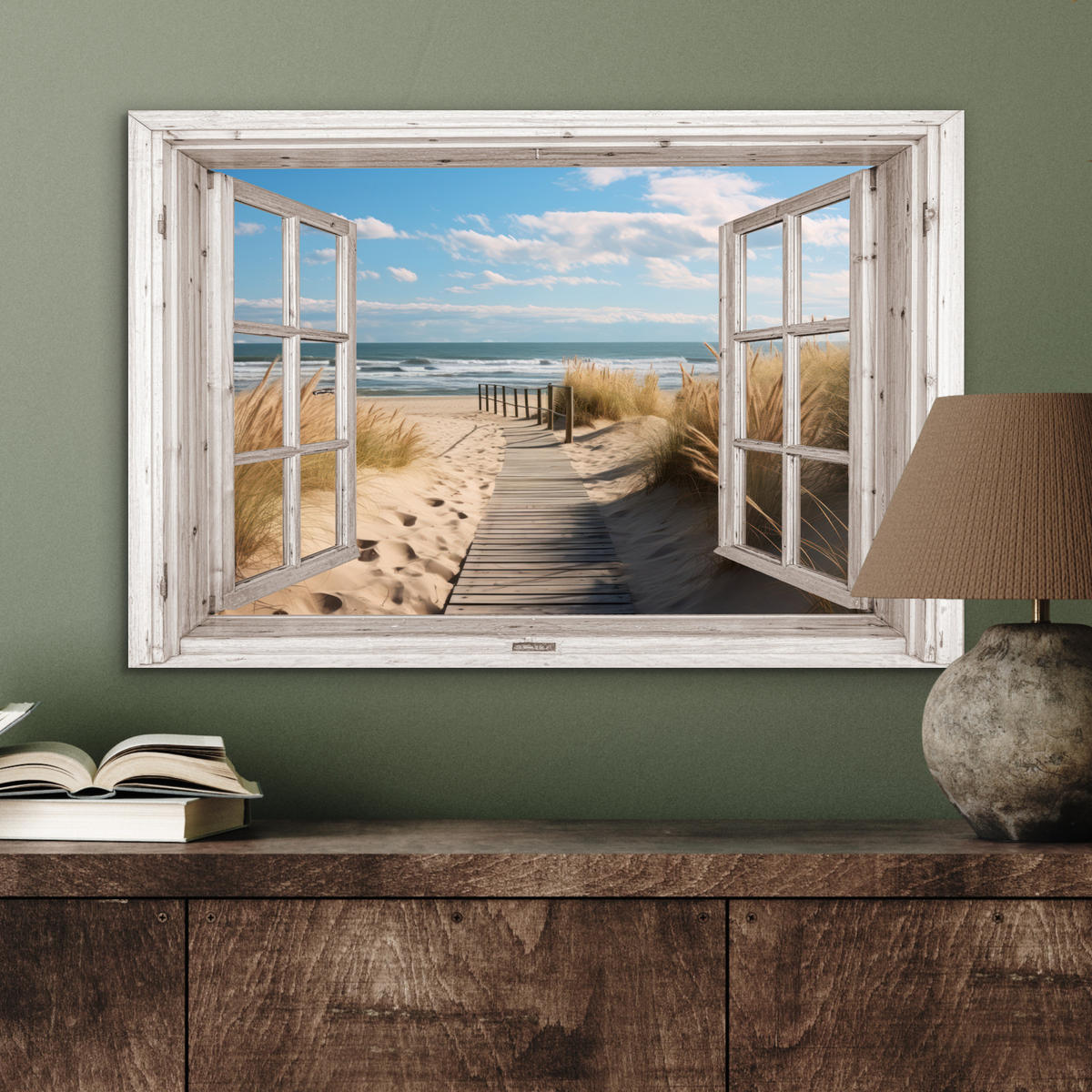 METALLBILD Fenster - Meer - Küste - Natur - Ausblick - Strand - Wattenmeer 60x40 cm - Beige, Metall (60/40cm) - MuchoWow