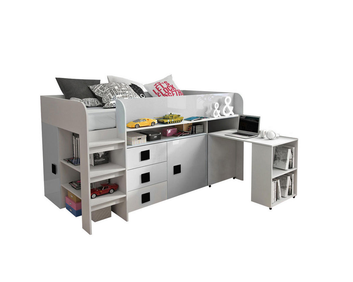 HOCHBETT Toledo weiß / weiß Hochglanz - Griffe grau 106 / 204 / 125cm - Schwarz/Weiß, Holz/Holzwerkstoff (90/200cm) - Feldmann-Wohnen