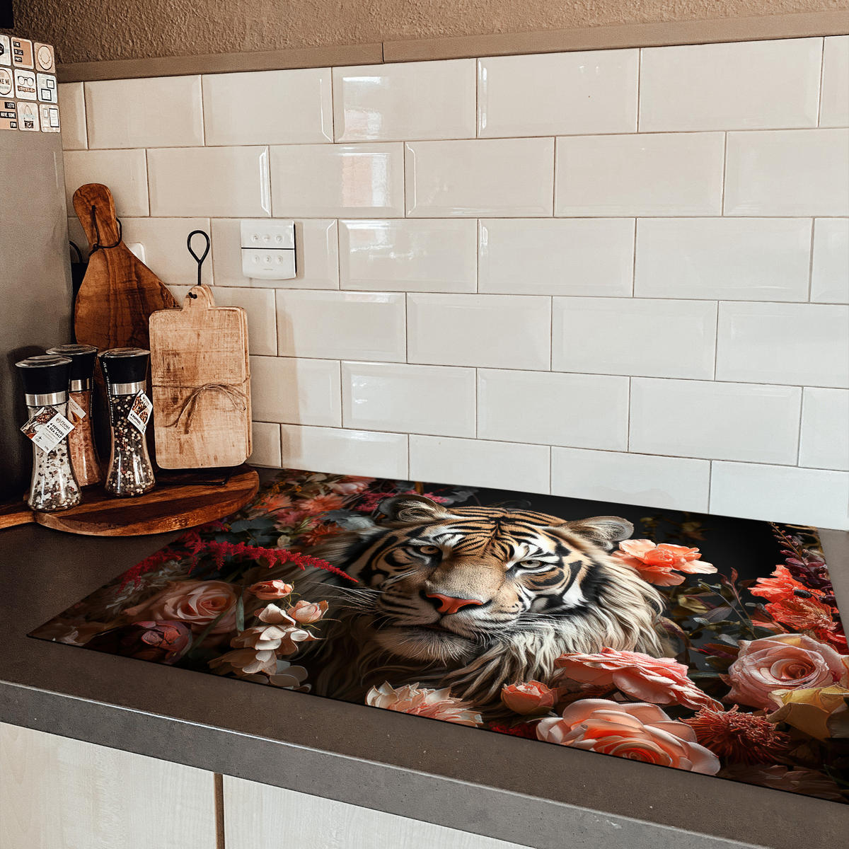 HERDABDECKPLATTE Tiger - Tier - Natur - Floral - Botanisch Induktionsschutz 81.6x52.7 cm - Orange, Kunststoff (81.6/52.7/0.2cm) - MuchoWow