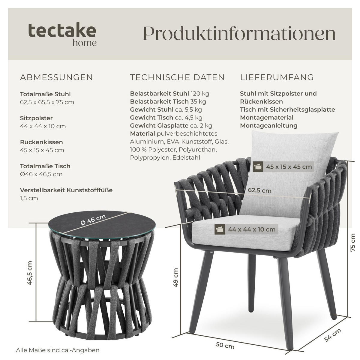 GARTENLOUNGE-SET aus Aluminium Lugano, höhenverstellbare Kunststofffüße, Sicherheitsglasplatte, anthrazit/grau - Anthrazit/Grau, Kunststoff - tectake