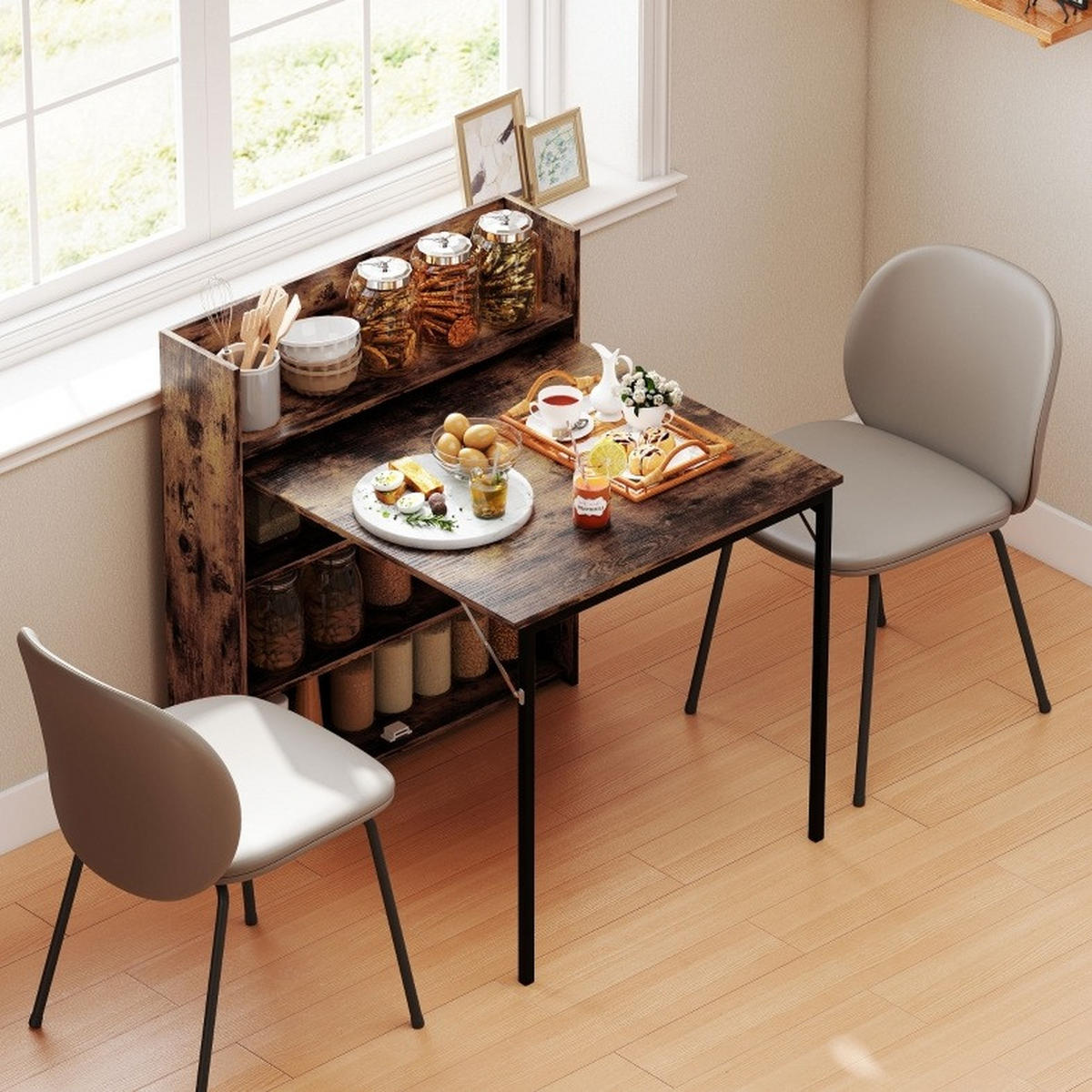 ESSTISCH 80/90/93 cm klappbar mit 3 Regalfächern im Industrial-Stil, Rustikalbraun - Braun, Holz (90/80/93cm) - Redom