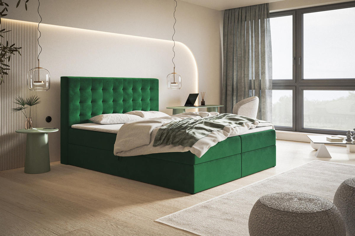 BOXSPRINGBETT 180x200 Jora mit Matratze H3, Bettkasten, Grün - Grün, Holz/Textil (180/200cm) - Emporius