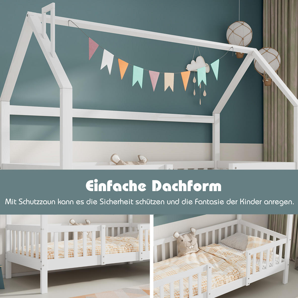 KINDERBETT 90/200 cm mit Dach, Zaun und Lattenrost aus Kiefern, Weiß - Weiß, Holzwerkstoff (90/200cm) - Redom