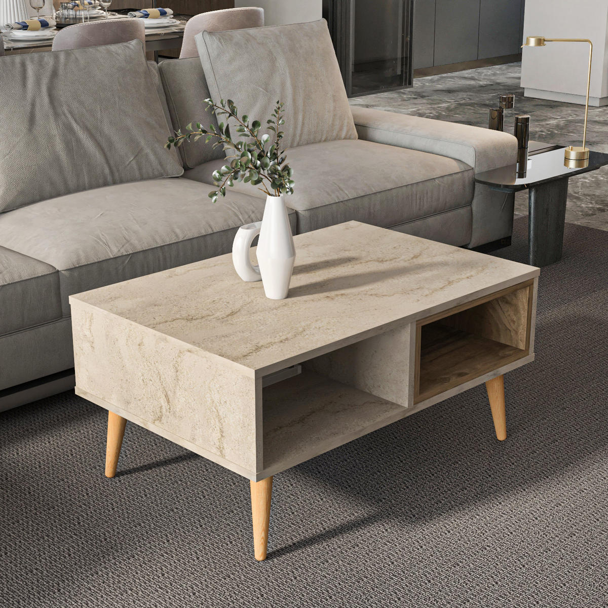 COUCHTISCH Oberon Travertin Walnuss - Beige, Holzwerkstoff (60/90/43cm) - Decorotika
