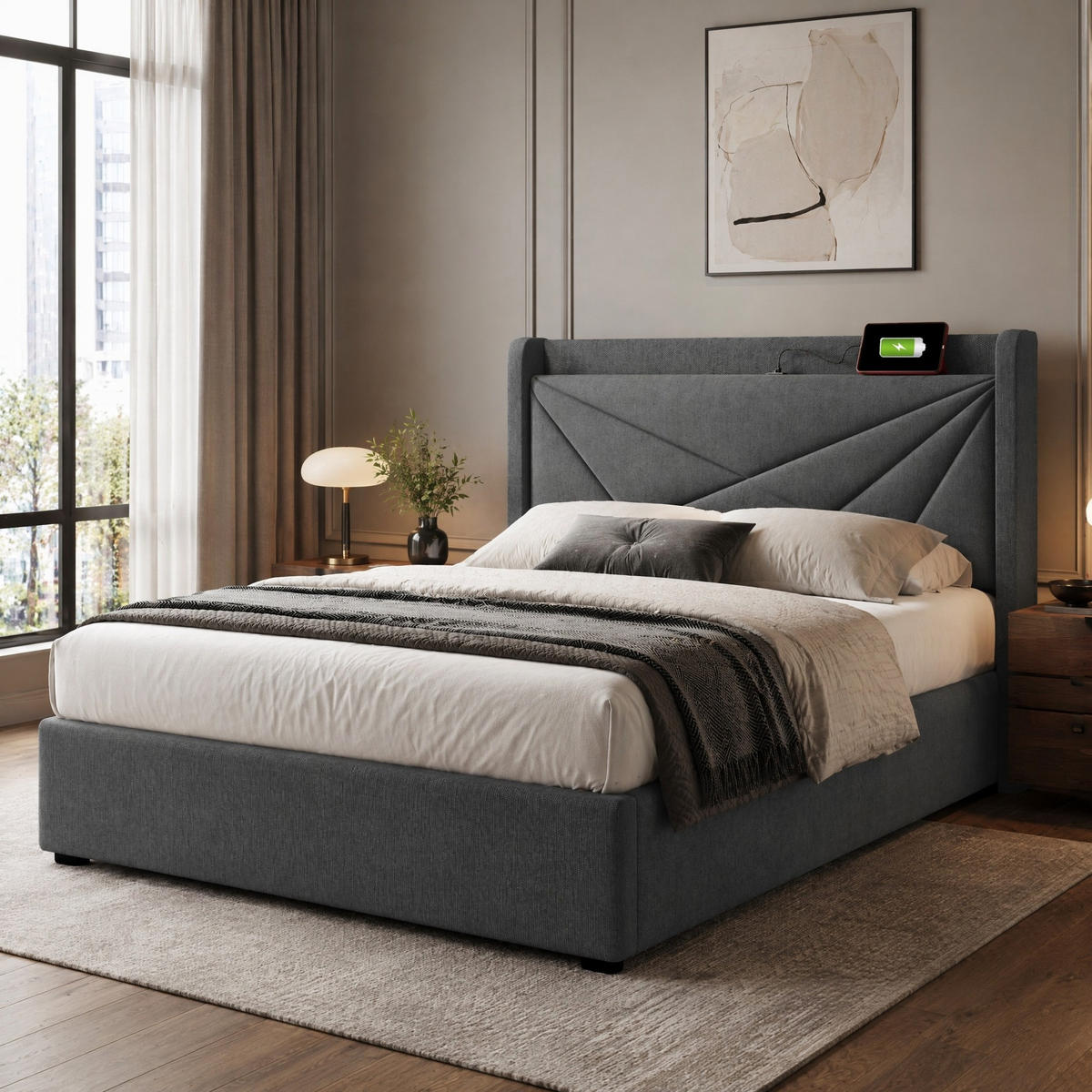 POLSTERBETT 90/200 mit Bettkasten und USB Type-C in Baumwoll-Leinen - Grau, Holzwerkstoff/Textil (90/200cm) - EVRYAE