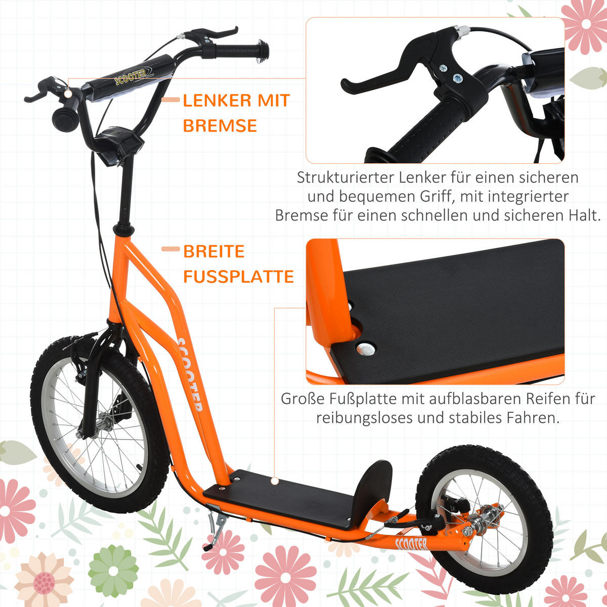 KINDERROLLER ab 5 jahre Scooter Cityroller Kinder Luftreifen verstellbar Orange - Orange, Metall (135/58/88cm) - HOMCOM