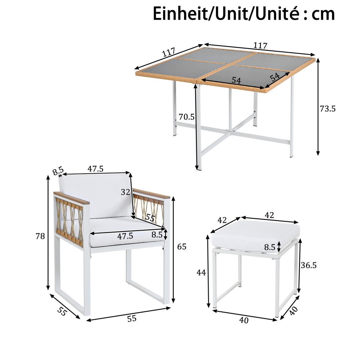 GARTENSETS aus Metall & Rattan 117x117x73,5 cm in Weiß - Weiß, Metall - Modfu