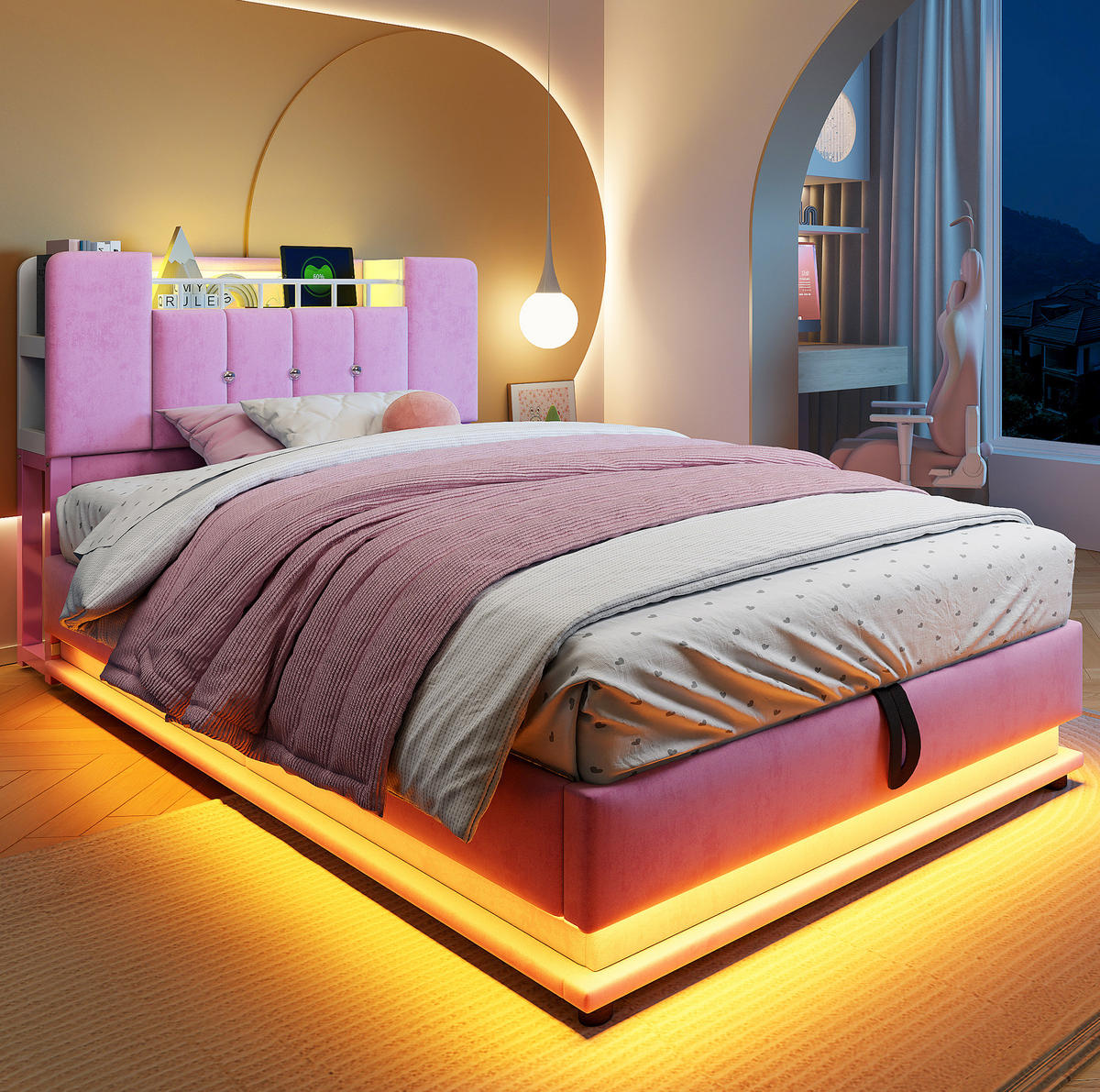 POLSTERBETT 90/200 cm Pink mit LED-Beleuchtung und Stauraum aus Samt - Rosa, Textil (90/200cm) - OKWISH