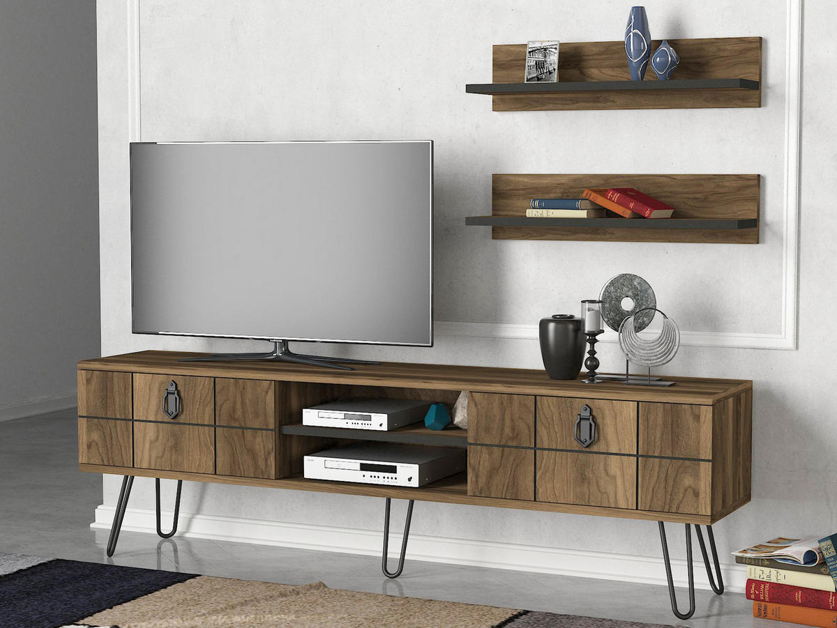 WOHNWAND Rialto mit Metallfüße Walnuss - Walnussfarben/Schwarz, Holzwerkstoff/Metall (150/46/30cm) - moebel17