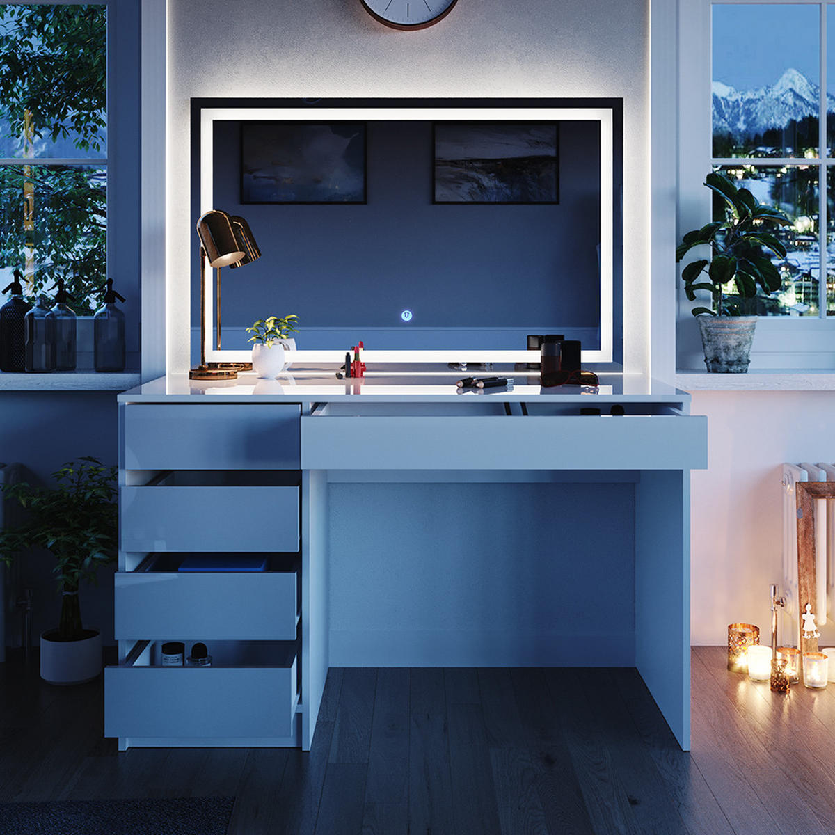 SCHMINKTISCH Sherry Weiß 120 cm mit LED Beleuchtung - Weiß Hochglanz, Holzwerkstoff (120/75/55cm) - Vicco